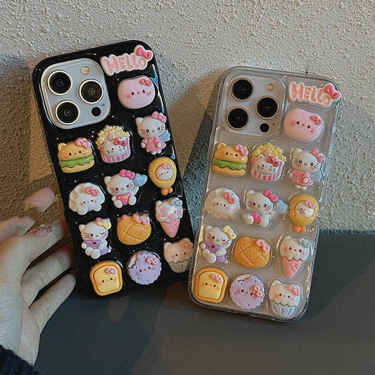 スマホケース  満屏食べ物と可愛いハローキティが融合したスマホケース  耐衝撃・防振性能に優れ、高級感あふれるスマホケースで、iPhone に対応