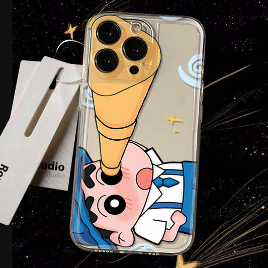 スマホケース  望遠鏡を持ったしんちゃんをモチーフ  耐衝撃・防振性能に優れ、高級感あふれるスマホケースで、iPhone に対応
