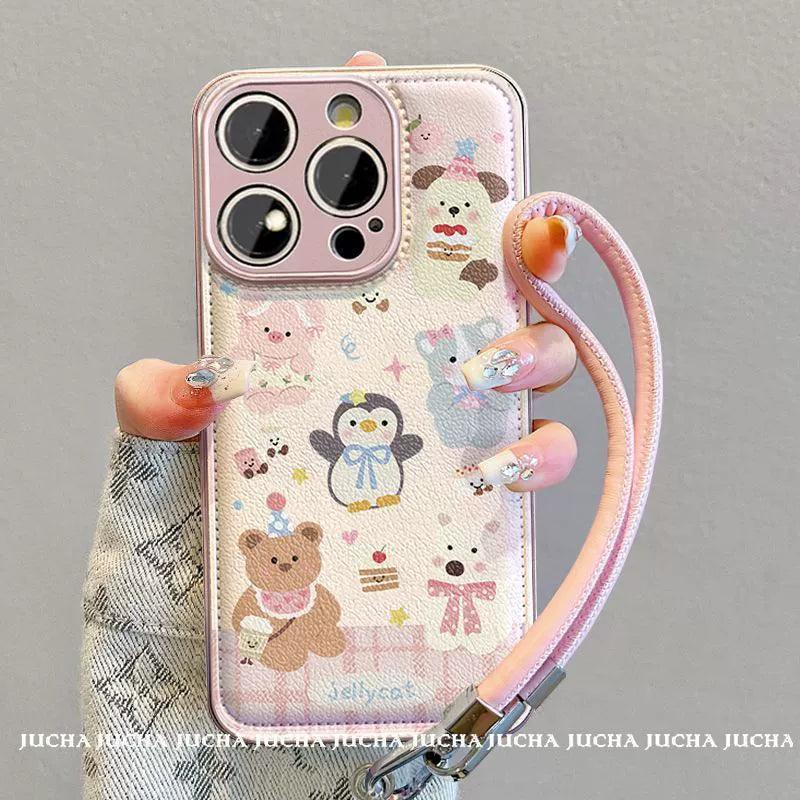 アニマルケーキパーティーデザイン 高級感あふれる 紐付き スマホケース iPhone に対応