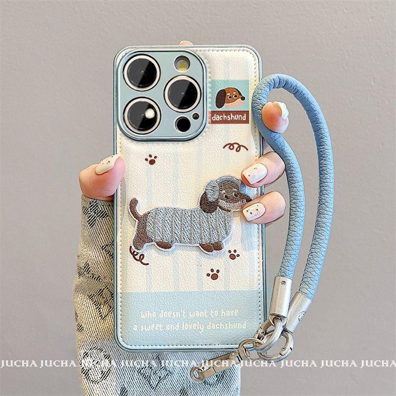 かわいい子犬と英語のデザイン 高級感 あふれる 紐付き スマホケース iPhone に対応