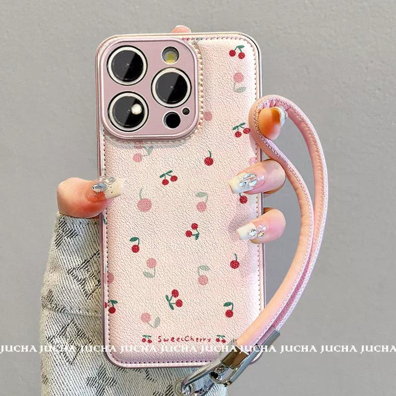 小さな桜桃のデザイン 高級感あふれる 紐付き スマホケース iPhone に対応