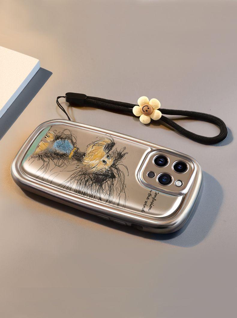 ぼんやりと描かれた子犬 デザイン 高級感あふれる 紐付き スマホケース iPhone に対応
