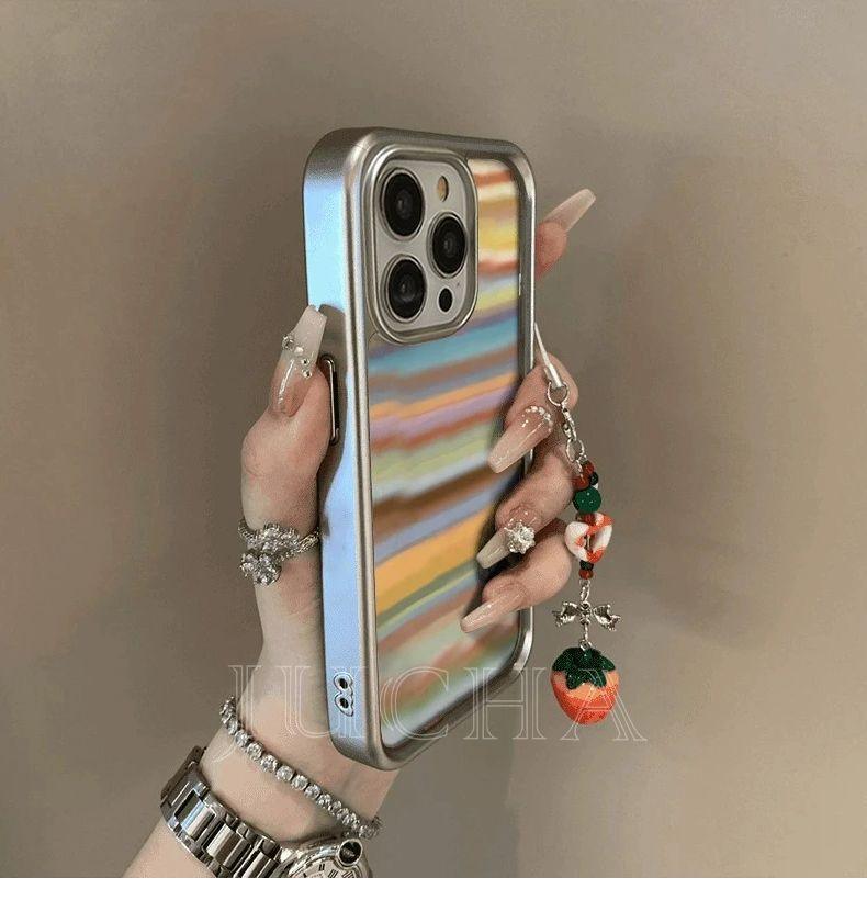 フレームと虹のデザイン 高級感 あふれる 紐付き スマホケース iPhone に対応