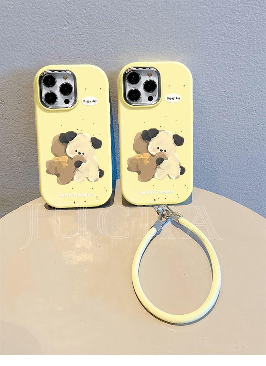 抱き合う犬  デザイン  シリコン製で耐衝撃性が高く、高級感あふれる紐付きスマホケース、iPhone に対応