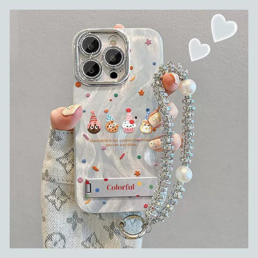 ラフルな小さなクッキーのデザイン  高級感あふれる 紐付き スタンド付き スマホケース  iPhone に対応