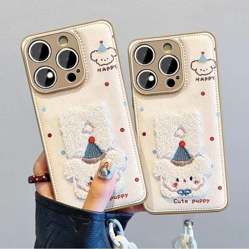 カラフルなドット柄の子犬 高級感あふれる 紐付き スマホケース iPhone に対応