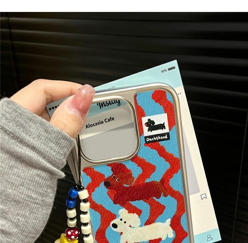 ストライプ柄のダックスフンドのデザイン 高級感 あふれる 紐付き スマホケース iPhone に対応