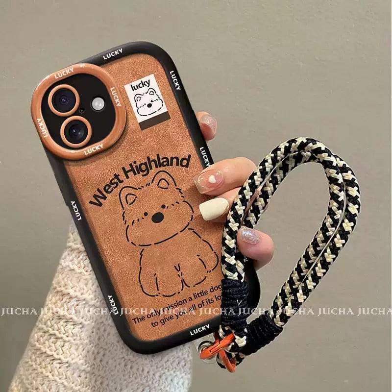 幸運を招く子犬 デザイン 高級感あふれる 紐付き スマホケース、iPhone に対応