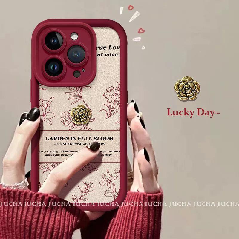 ラインデザインの赤い椿デザイン 高級感あふれる スマホケース iPhone に対応