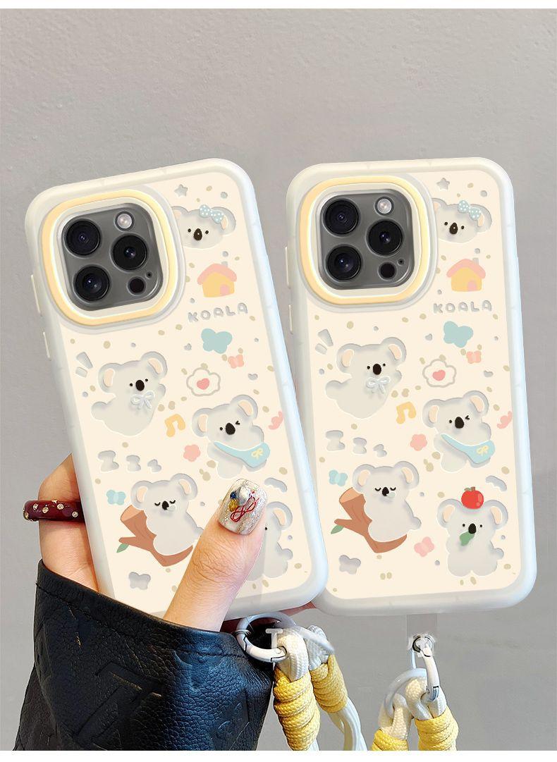 透かし彫りのコアラ デザイン 高級感あふれる 紐付き スマホケース、iPhone に対応
