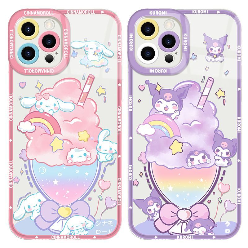 スマホケース  幻想的なレインボーバブルの世界に、クロミーとシナモロールが遊ぶようなケースです!  耐衝撃・防振性能に優れ、高級感あふれるスマホケースで、iPhone に対応