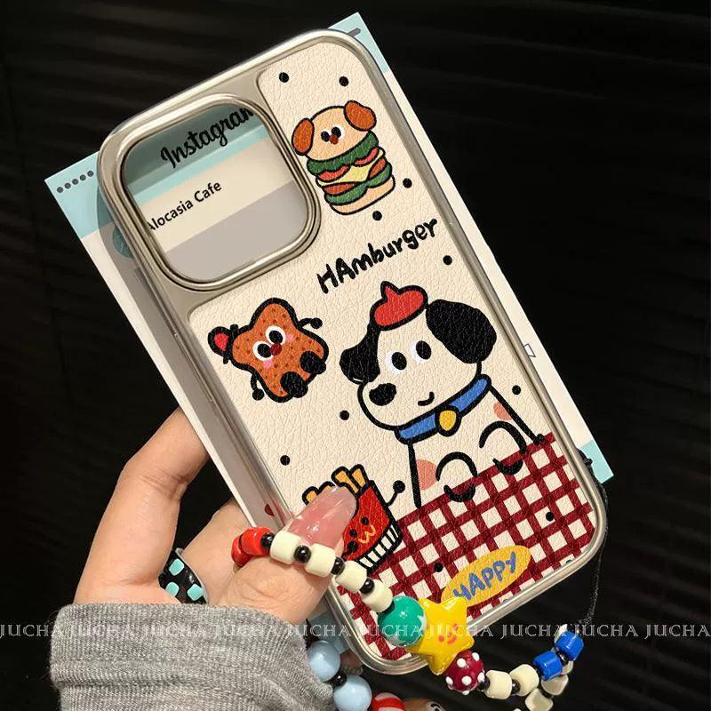 ハンバーガーと子犬のデザイン 高級感 あふれる 紐付き スマホケース iPhone に対応