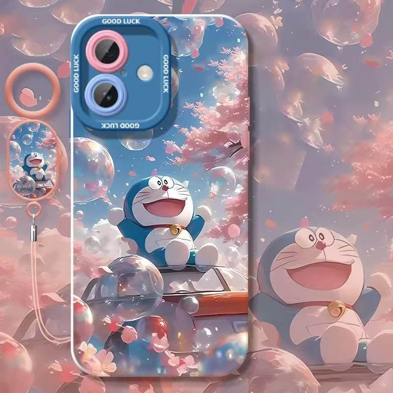 スマホケース  桜の花びらが舞う中ドラえもんをデザインテーマ、指輪付き   耐衝撃・防振性能に優れ、高級感あふれるスマホケースで、iPhone に対応