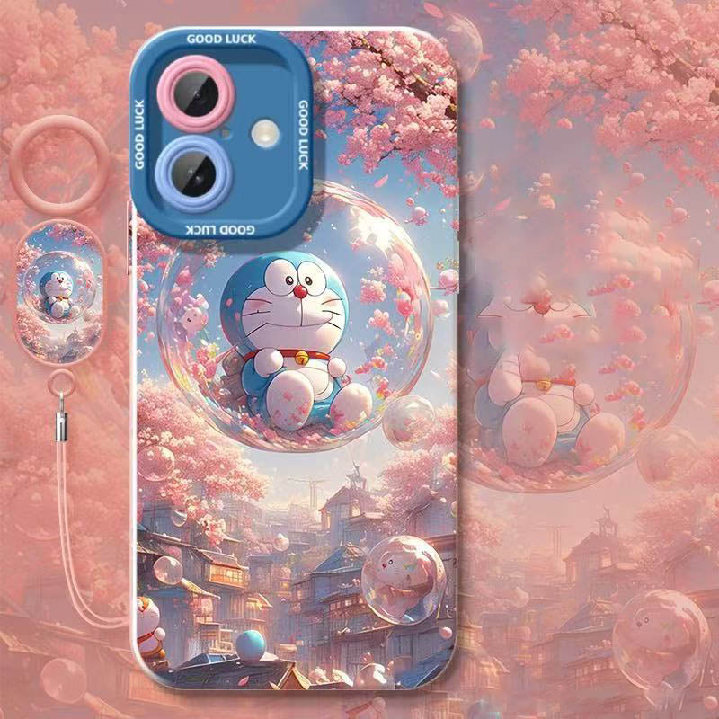 スマホケース  桜の花びらが舞う中ドラえもんをデザインテーマ、指輪付き   耐衝撃・防振性能に優れ、高級感あふれるスマホケースで、iPhone に対応