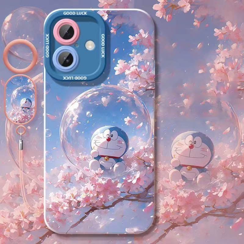 スマホケース  桜の花びらが舞う中ドラえもんをデザインテーマ、指輪付き   耐衝撃・防振性能に優れ、高級感あふれるスマホケースで、iPhone に対応