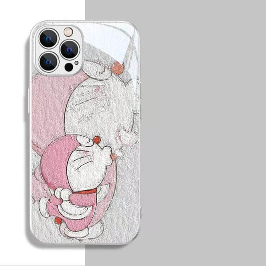 スマホケース  油彩画風のドラえもんカップルテーマ、  耐衝撃・防振性能に優れ、高級感あふれるスマホケースで、iPhone に対応