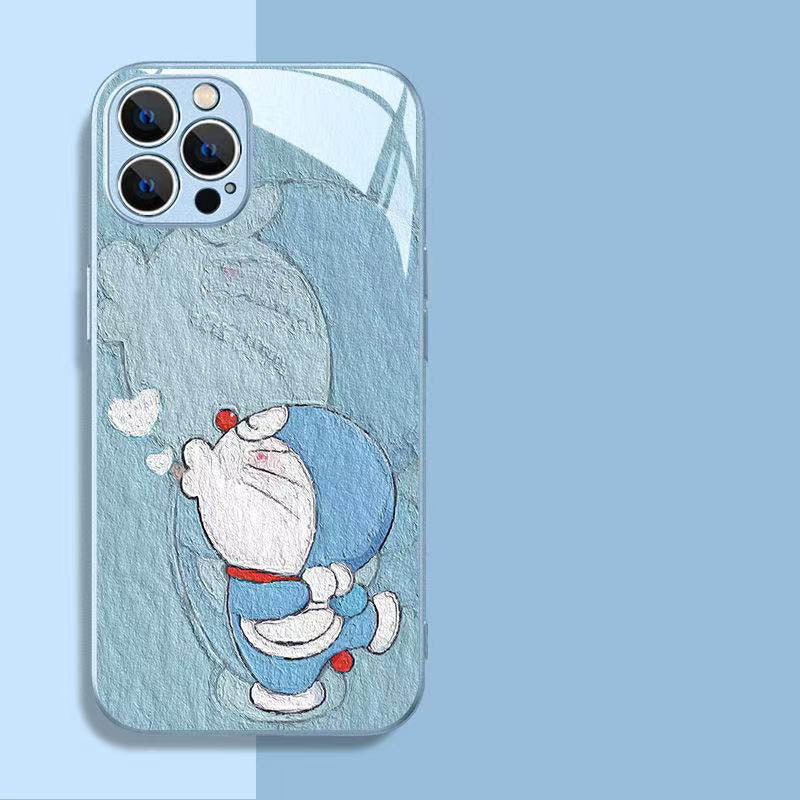 スマホケース  油彩画風のドラえもんカップルテーマ、  耐衝撃・防振性能に優れ、高級感あふれるスマホケースで、iPhone に対応