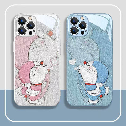 スマホケース  油彩画風のドラえもんカップルテーマ、  耐衝撃・防振性能に優れ、高級感あふれるスマホケースで、iPhone に対応