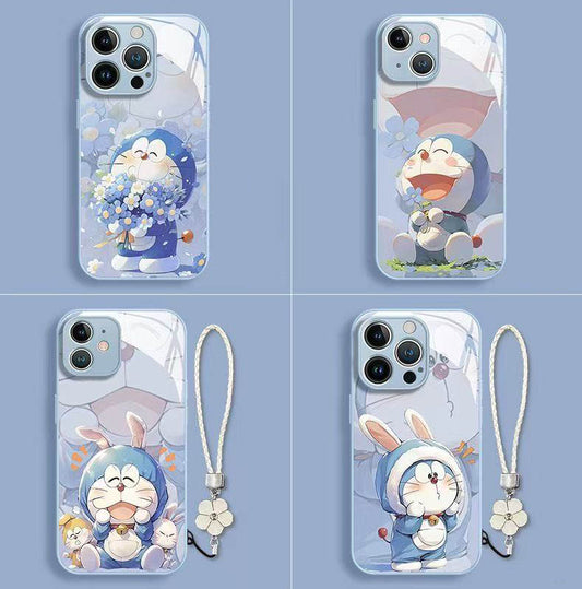 スマホケース  液状ガラスドラえもんテーマ、紐付き  耐衝撃・防振性能に優れ、高級感あふれるスマホケースで、iPhone に対応