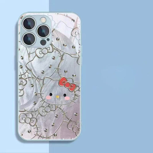 スマホケース  ハローキティテーマ、メタリックな輝きと頑丈な強化ガラスが融合した  耐衝撃・防振性能に優れ、高級感あふれるスマホケースで、iPhone に対応