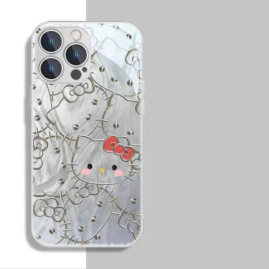 スマホケース  ハローキティテーマ、メタリックな輝きと頑丈な強化ガラスが融合した  耐衝撃・防振性能に優れ、高級感あふれるスマホケースで、iPhone に対応