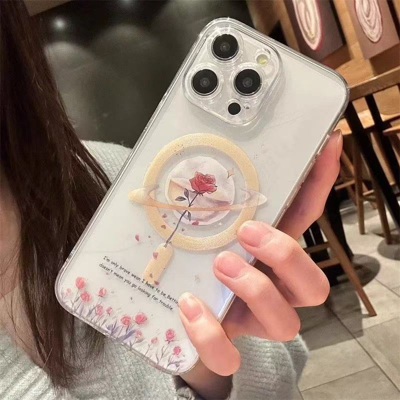 スマホケース 幻想的な月と艶やかなバラが織りなすマグネットスマホケース! 耐衝撃・防振性能に優れ、高級感あふれるスマホケースで、iPhone に対応