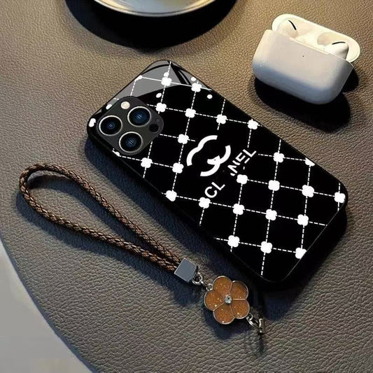 スマホケース ダブルC 全4種 強化ガラスケース+ハンドストラップ  耐衝撃・防振性能に優れ、高級感あふれるスマホケースで、iPhone に対応