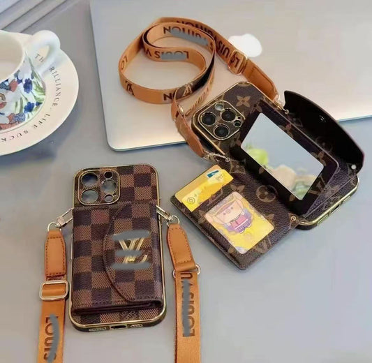 スマホケース ダブルV 紐付き カードケース付き 耐衝撃・防振性能に優れ、高級感あふれるスマホケースで、iPhone に対応