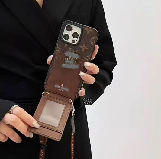 スマホケース ダブルV 紐付き カードケース付き 耐衝撃・防振性能に優れ、高級感あふれるスマホケースで、iPhone に対応