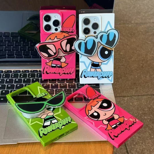 スマホケース パワーパフガールズをテーマ サングラス型のスタンドが付  耐衝撃・防振性能に優れ、高級感あふれるスマホケースで、iPhone に対応