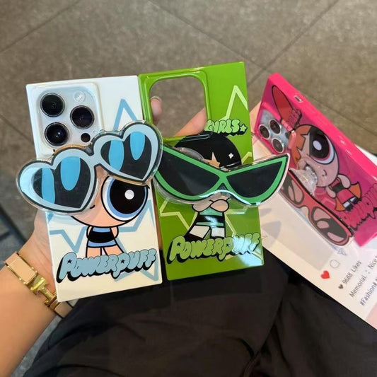 スマホケース パワーパフガールズをテーマ サングラス型のスタンドが付  耐衝撃・防振性能に優れ、高級感あふれるスマホケースで、iPhone に対応