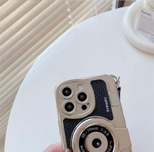 スマホケース  カメラテーマのスマホケースで、ストラップ付き 耐衝撃・防振性能に優れ、高級感あふれるスマホケースで、iPhone に対応