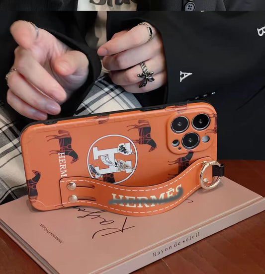 スマホケース  高級感 腕バンド付き  ダブルH 耐衝撃・防振性能に優れ、高級感あふれるスマホケースで、iPhone に対応