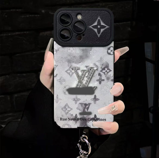 スマホケース  高級感 ストラップ付き  ダブルV  耐衝撃・防振性能に優れ、高級感あふれるスマホケースで、iPhone11~17 に対応