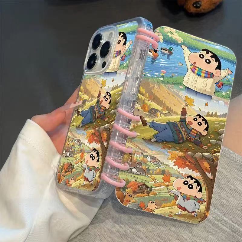 本型スマホケース 紅葉柄クレヨンしんちゃんテーマ 手帳型スマホケース  キャラクターの柔らかい 折りたたみ式 ノート型 スマホケース  iPhone に対応