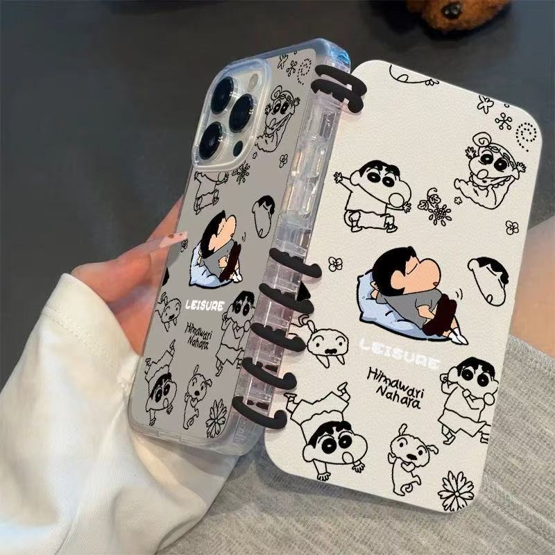 本型スマホケース クレヨンしんちゃんの寝顔テーマ 手帳型スマホケース  キャラクターの柔らかい 折りたたみ式 ノート型 スマホケース  iPhone に対応