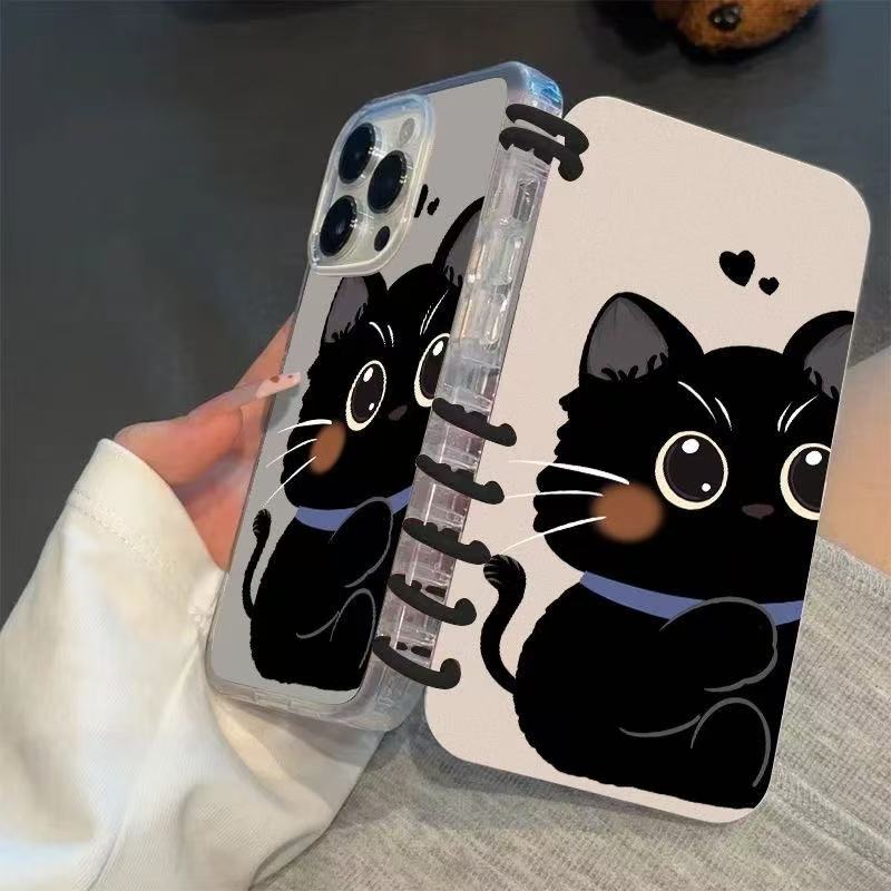 本型スマホケース 可愛らしい黒猫と柔らかいハート柄テーマ 手帳型スマホケース  キャラクターの柔らかい 折りたたみ式 ノート型 スマホケース  iPhone に対応