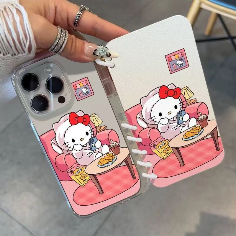 本型スマホケース 定番キャラクター「ハローキティ」がカジュアルなテーマ 手帳型スマホケース  キャラクターの柔らかい 折りたたみ式 ノート型 スマホケース  iPhone に対応