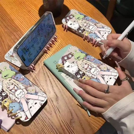 本型スマホケース 猫を優しく抱く女の子テーマ 手帳型スマホケース  キャラクターの柔らかい 折りたたみ式 ノート型 スマホケース  iPhone に対応
