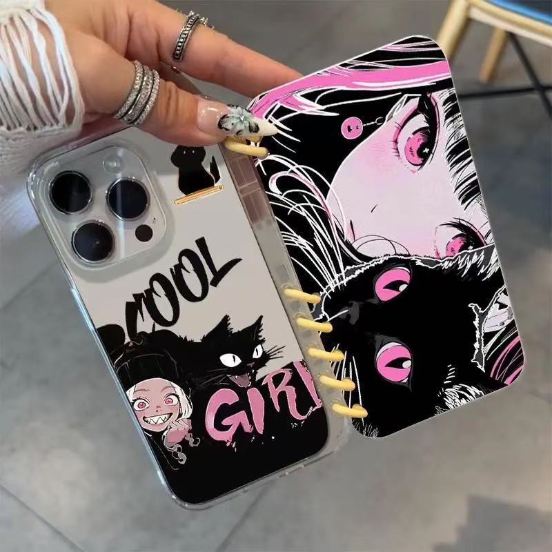 本型スマホケース 優しい雰囲気の少女と愛らしい黒猫テーマ 手帳型スマホケース  キャラクターの柔らかい 折りたたみ式 ノート型 スマホケース  iPhone に対応