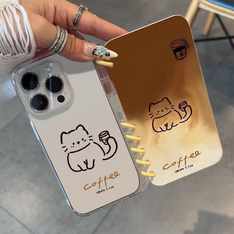 本型スマホケース コーヒーカップと愛らしい猫が組み合わテーマ 手帳型スマホケース  キャラクターの柔らかい 折りたたみ式 ノート型 スマホケース  iPhone に対応