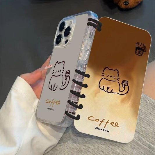 本型スマホケース コーヒーカップと愛らしい猫が組み合わテーマ 手帳型スマホケース  キャラクターの柔らかい 折りたたみ式 ノート型 スマホケース  iPhone に対応