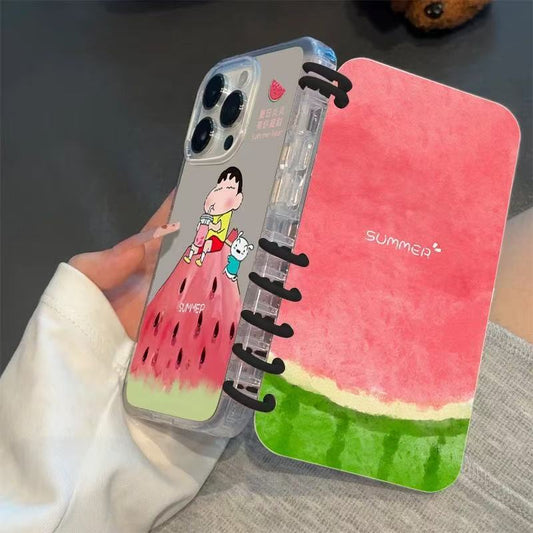 本型スマホケース  夏の爽やかさを感じさせる「スイカ」テーマ  手帳型スマホケース  キャラクターの柔らかい 折りたたみ式 ノート型 スマホケース  iPhone に対応