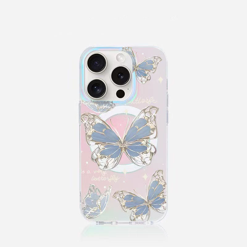 スマホケース  レーザーカラー ブルー & ゴールドバタフライ柄マグネットスマホケース  耐衝撃・防振性能に優れ、高級感あふれるスマホケースで、iPhone 11~17 に対応