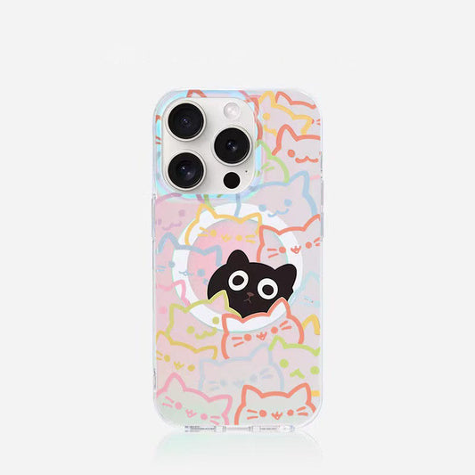 スマホケース  レーザーカラー レインボーキャット柄マグネットスマホケース  耐衝撃・防振性能に優れ、高級感あふれるスマホケースで、iPhone 11~17 に対応