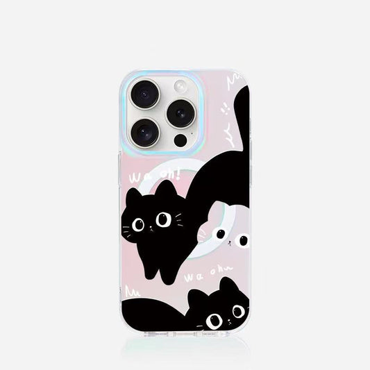 スマホケース  レーザーカラー モノクロキャット柄マグネットスマホケース  耐衝撃・防振性能に優れ、高級感あふれるスマホケースで、iPhone 11~17 に対応