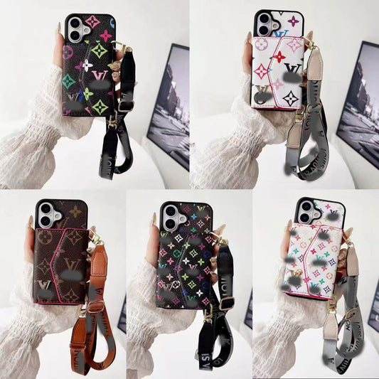 スマホケース  高級感カードホルダー付き・ストラップ付き  ダブルV  耐衝撃・防振性能に優れ、高級感あふれるスマホケースで、iPhone12~17 に対応