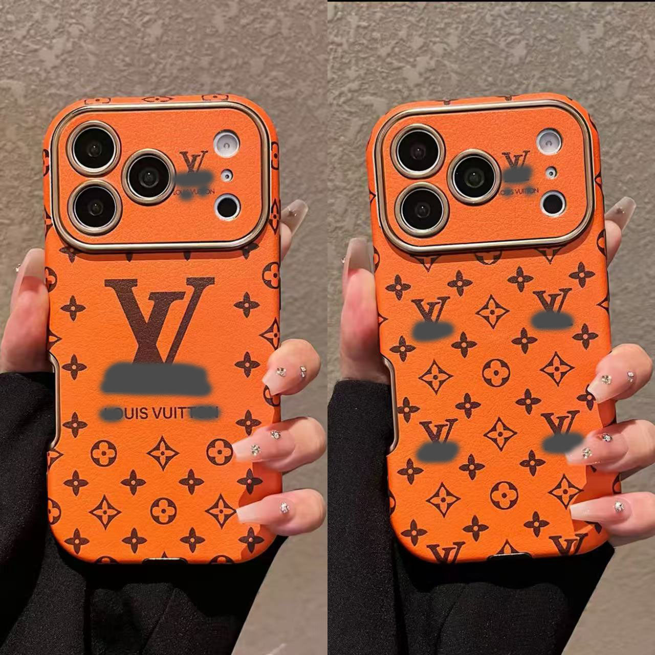 スマホケース  高級感オレンジ色の皮革製スマホケース   ダブルV    耐衝撃・防振性能に優れ、高級感あふれるスマホケースで、iPhone13~17 に対応