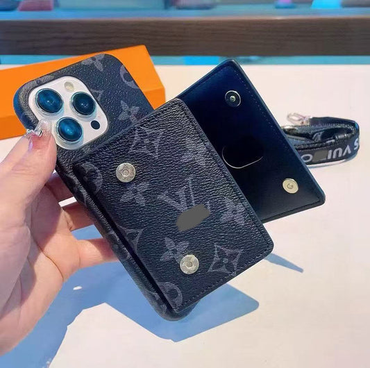 スマホケース 高級感カードポケット付き+ストラップ付きスマホケース ダブルV 耐衝撃・防振性能に優れ、高級感あふれるスマホケースで、iPhone13~17 に対応