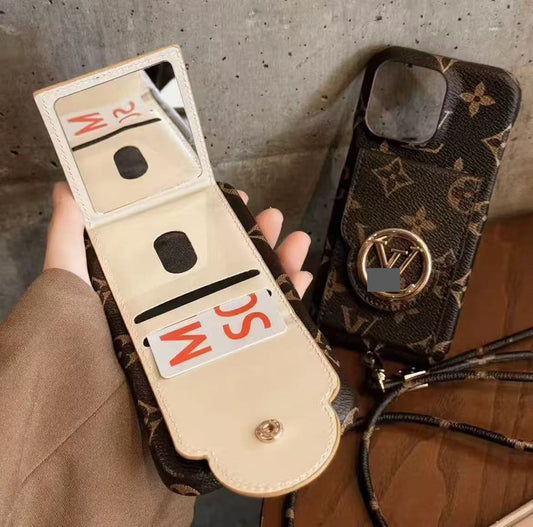 スマホケース 高級感手ひも付き + カード入れ付きスマホケース ダブルV 耐衝撃・防振性能に優れ、高級感あふれるスマホケースで、iPhone14~17 に対応